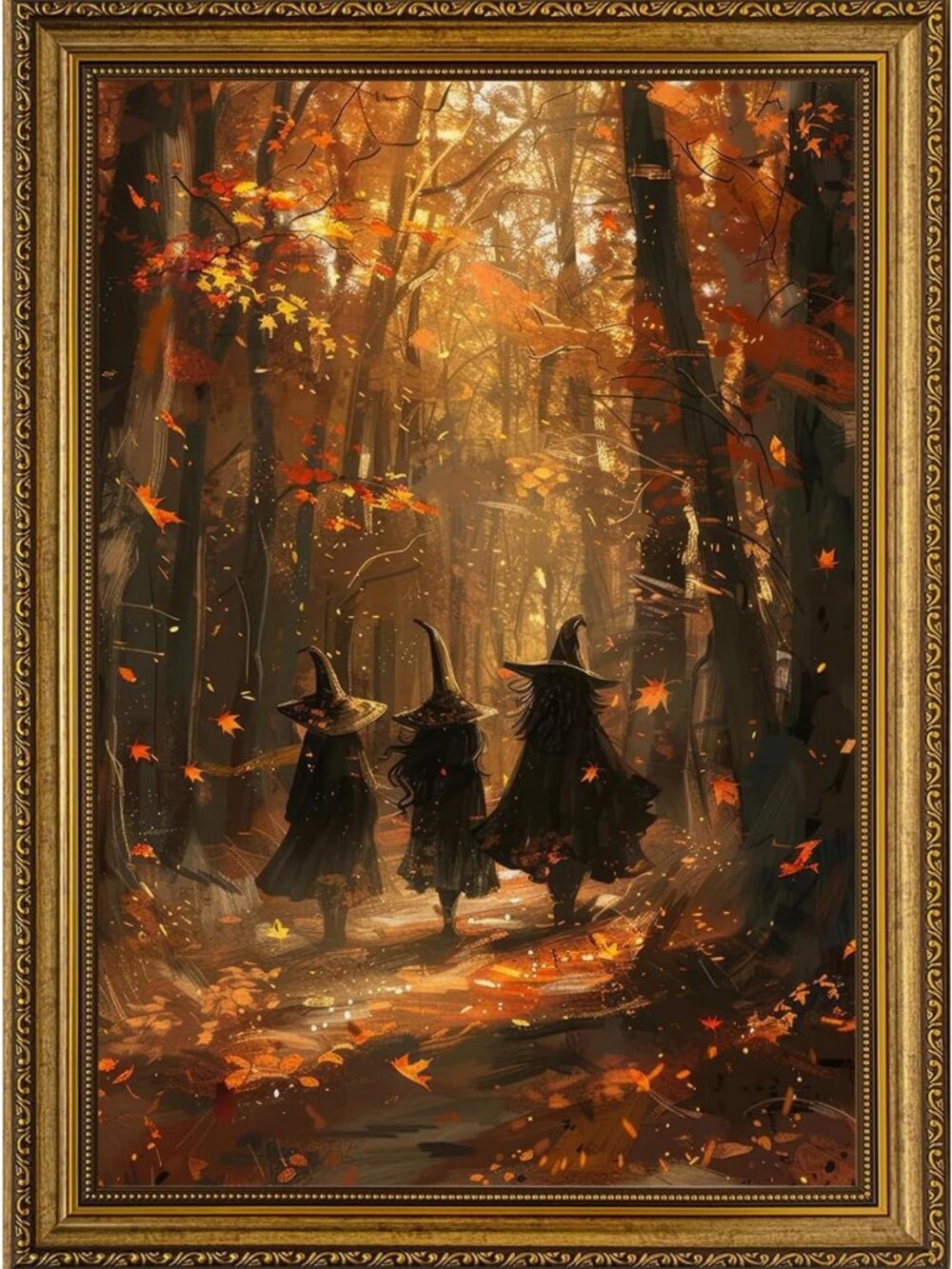 Vintage Halloween Witch Framed Canvas Wall Art - Autumn Forest Decor, 16x24